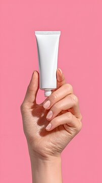 A woman's manicured hand delicately holds a blank white cosmetic tube against a vibrant pink backdrop in a minimalist studio shot.