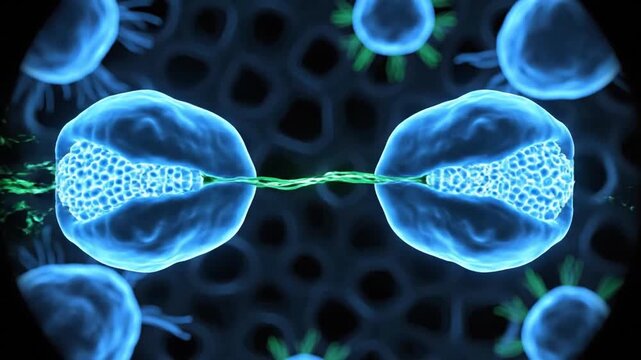 Cell Division Process. Microscopic Mitosis With Colorful Features. Animated Depiction Of Cell Division And Chromosomes. Educational Visualization Of Nuclear Separation During Cell Division