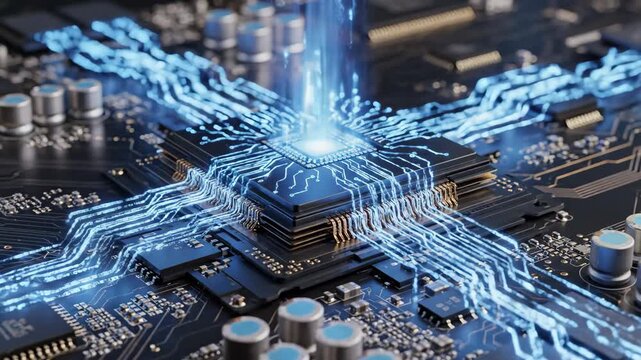 Glowing CPU processor with blue energy beams flowing across circuit board for technology and AI content