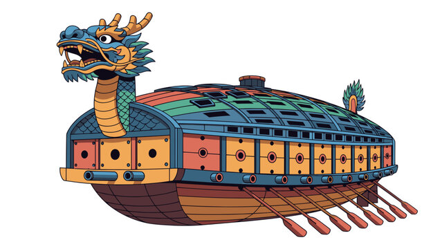 Korean Turtle Ship Vector Illustration of Historical Warship with Dragon Head, Traditional Naval Vessel Design for Asian History and Maritime Education