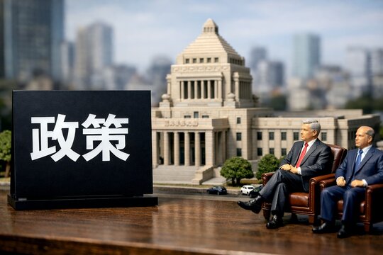 日本の国会議事堂の模型を背に政策と書かれた看板の横で椅子に座り対談する政治家たち