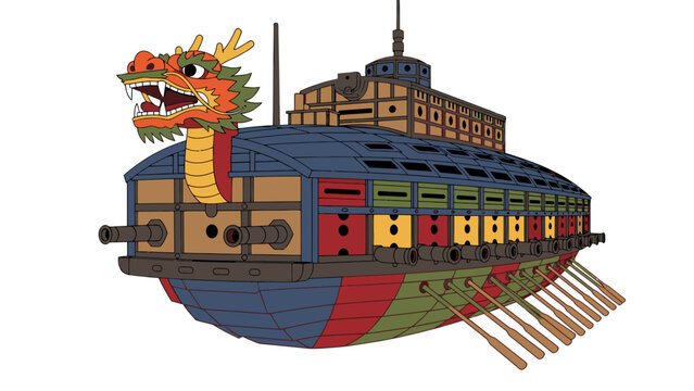 Korean Turtle Ship Vector Illustration, Historical Naval Vessel with Dragon Head, Ancient Warship Graphic for Asian Culture and History Projects
