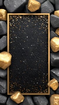 Golden frame with black speckled background surrounded by raw gold nuggets and dark grey stones creates a luxurious artistic display.