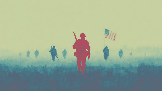 American Military Operation Concept Illustration Soldiers Advancing Under US Flag in Foggy Battlefield