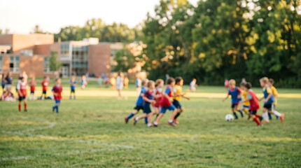 Abstract blurred background of children playing soccer on a grass field at a school during golden hour sunlight