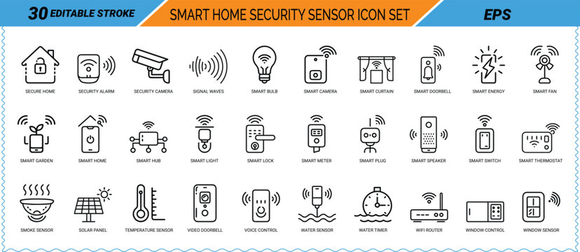 Smart home security sensor editable line art icon pack. Icon bundle, icon set, web icon, app icon, smart home, security camera, motion sensor, alarm system, door lock, smoke detector,