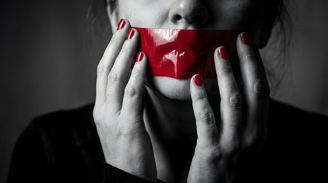 A portrait of a person with a red tape over their mouth, symbolizing censorship, oppression, or being silenced