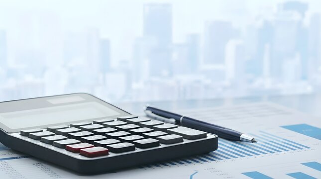 Black calculator on financial documents with pen for accounting budget planning and tax calculation concept