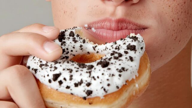 A young person with freckles bites into a sweet donut topped with frosting and cookie crumbs.