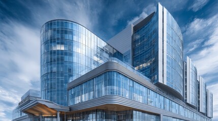 Obraz premium Modern glass hospital building stands under a clear blue sky showcasing future healthcare infrastructure in urban design