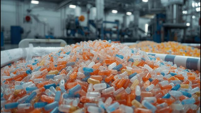Plastic capsule component manufacturing factory production pile of colorful bottle caps conveyor