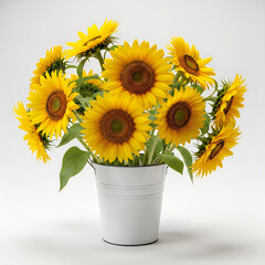 Obraz premium A cheerful bouquet of vibrant sunflowers in a white bucket vase.