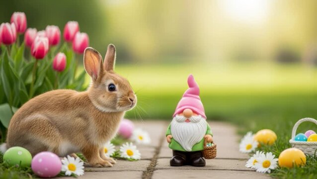 Cute baby rabbit standing face to face with a small garden gnome among Easter eggs and spring flowers, symbolizing empathy, care, protection, emotional support, trust, love, kindness and gentle human 