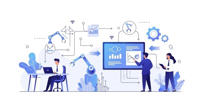 AI Automation Office Workflow with Business Data Dashboard Modern Flat Vector Illustration
