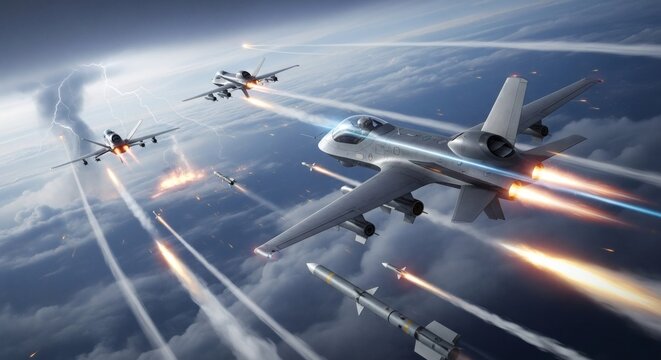 Military jets engage in intense dogfight with missiles firing in cloudy sky