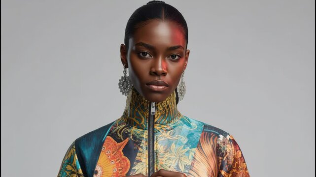 Elegant dark skin woman portrait in patterned jacket with zipper, confident stare and bold earrings