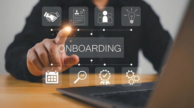 Business onboarding process with digital icons and hand interaction on laptop screen for employee training and workflow integration
