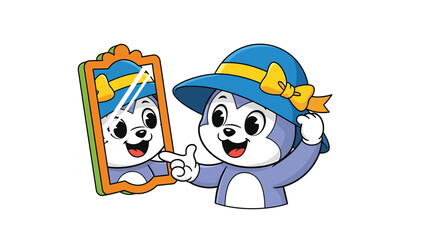 Fototapeta premium Cute Cartoon Puppies with Sun Hat and Mirror in Bright Summer Scene