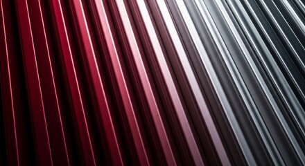 Abstract Red and Silver Corrugated Metal Texture Background, Metallic Surface Pattern with Parallel Lines and Shadows, Modern Industrial Design Element, Copy Space for Graphics