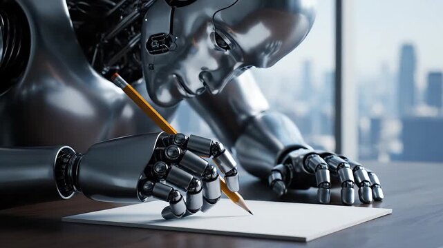 A metallic robot is writing on a piece of paper with a pencil.