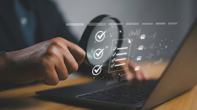Business professional selecting success checkbox on digital interface with futuristic UI elements and glowing icons on laptop screen