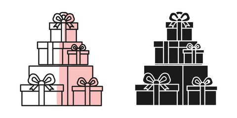Fototapeta premium Stacked gift boxes in pink and black, vector illustration, flat design