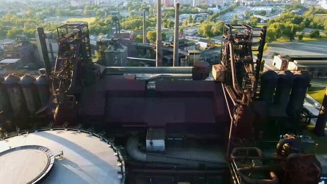 Aerial Tank Overview. Ostrava Rooftop With Pipes. City Background Featuring Tanks And Infrastructure