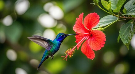 Fototapeta premium Vibrant blue hummingbird feeding from a bright red hibiscus flower in lush greenery
