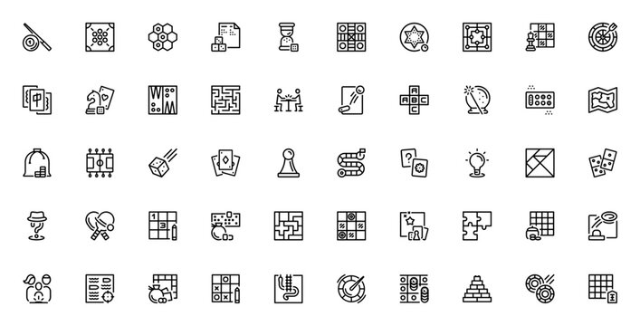 Boardgames Line_9409 icon set. Vector collection of Billiards, Chess, Darts, Yahtzee, Domino, Puzzle, Roulette and more game symbols. Minimal line art.