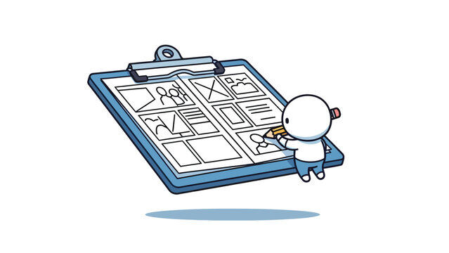 Cartoon character sketching UI/UX website wireframes on a clipboard, representing web design and creative development process.