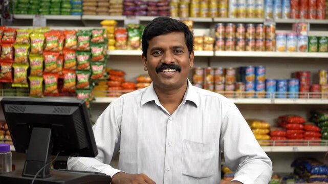 Friendly indian adult male cashier smiling at the camera while working at a checkout counter. Portrait of a small business owner in his local grocery store or supermarket
