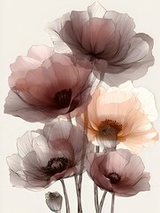 Fototapeta premium Delicate watercolor flowers with transparent petals overlap in an elegant floral arrangement against a soft, neutral background creating ethereal