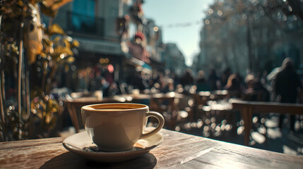 Fototapeta premium Cozy cafe atmosphere featuring fresh coffee on a wooden table with film grain, Generative AI illustrations.