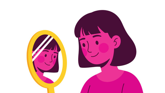 Smiling young woman looking at her reflection in a handheld mirror, self-love and self-esteem concept