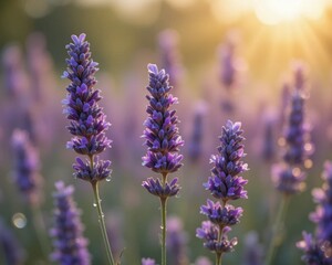 Obraz premium Close-up macro photograph of blooming lavender flowers with soft dreamy bokeh background. Vibrant purple petals captured in natural sunlight with shallow depth of field, creating a calm, relaxing, and