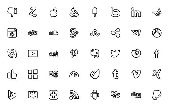 Social Media Logos Icon Set. Vector logos collection including Facebook, Twitter, Instagram, LinkedIn, YouTube, Pinterest, Skype, PayPal and more.