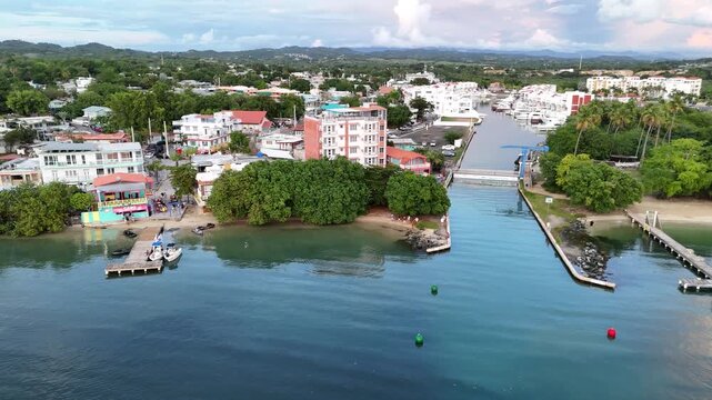 Aerial Drone View of Boqueron Harbor Marina and Coastal Town in Puerto Rico