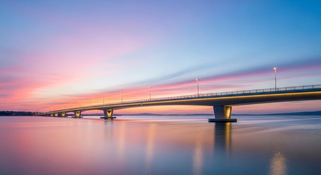 Tranquil bridge spanning calm waters under vibrant sunset sky