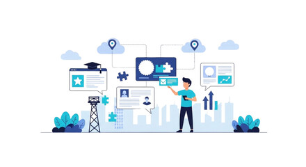 A person interacts with various digital interfaces and data visualizations in a modern urban setting.