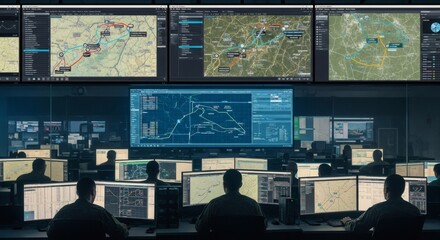 Military command center with soldiers monitoring tactical maps on multiple computer screens