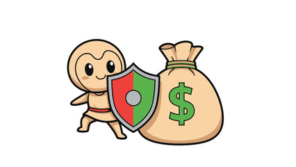 Fototapeta premium Cute cartoon character with shield protecting money bag, symbolizing financial security, investment, and wealth safety.