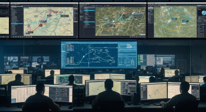 Military command center with soldiers monitoring tactical maps on multiple computer screens