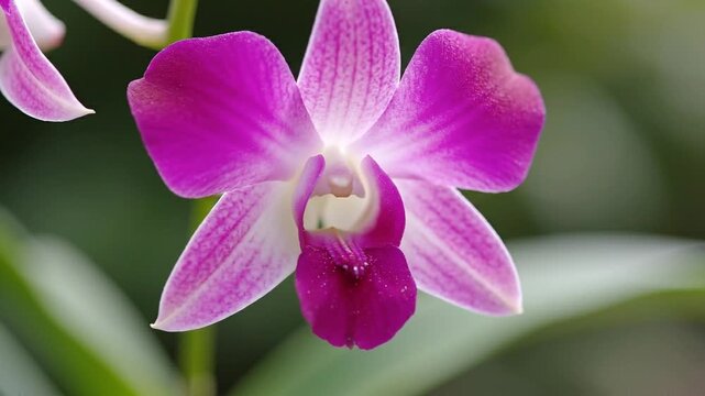 A close-up shot of a vibrant purple and white orchid flower with delicate petals and a detailed center.