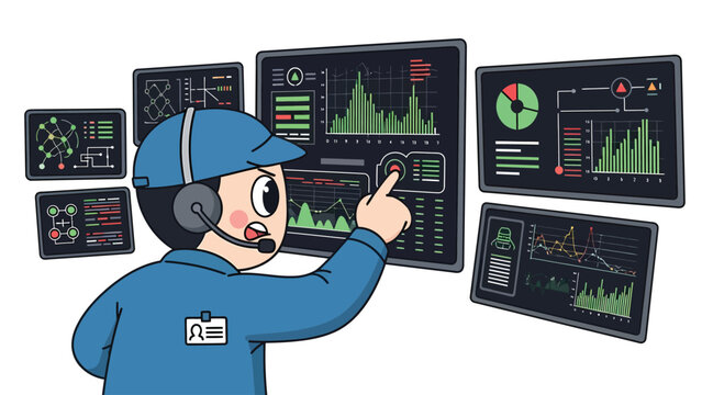 Cartoon operator analyzing data dashboards. System monitoring, tech support, and business analytics illustration.