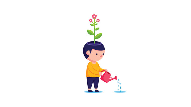Cartoon Boy Nurturing Personal Growth & Ideas. Plant-head character waters ground, symbolizing self-development and concept cultivation.