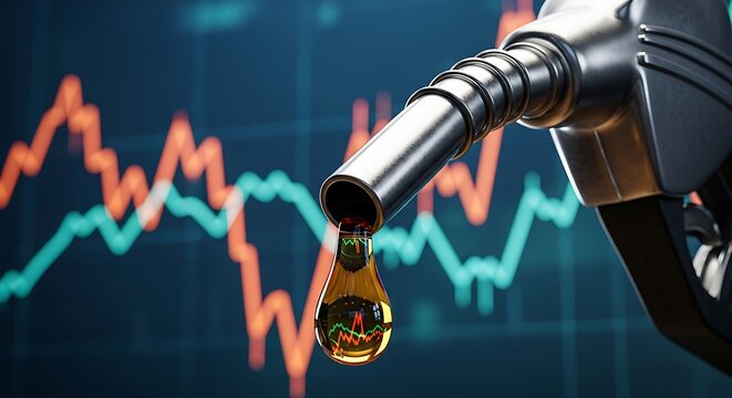 Symbolic representation of fuel inflation showing a gas pump nozzle over a dark blue financial data screen.