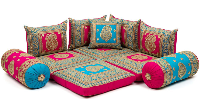 Traditional Indian Floor Seating Set with Vibrant Pink and Turquoise Bolster Pillows and Paisley Embroidery for Wedding Decor.

