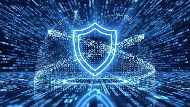 Protecting digital information with glowing shield and code background