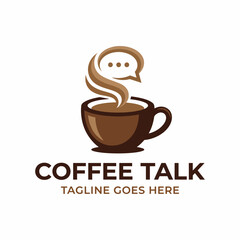 An inviting coffee cup logo design featuring steam and chat bubbles, representing a cozy atmosphere for conversation and connection over coffee breaks.