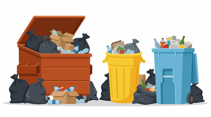 This realistic image displays two overflowing trash bins filled with various types of waste, highlighting environmental issues related to waste management and recycling.